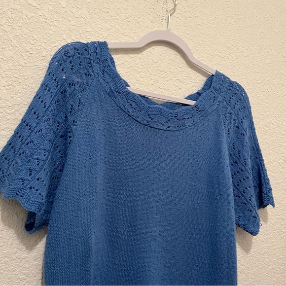 Womens Blue Short Sleeve Crochet Boho Beach Top Blouse Size L - Picture 2 of 8